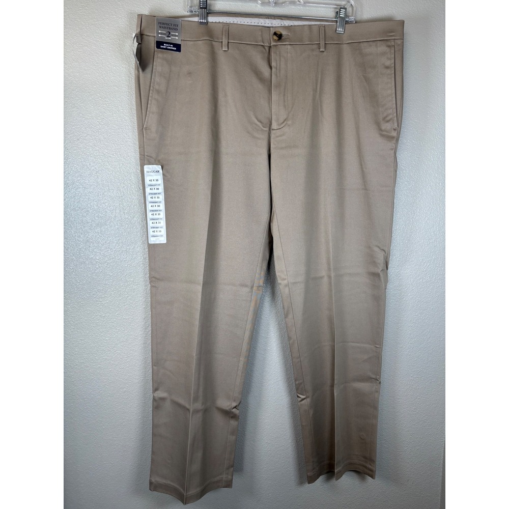 Haggar Iron Free Premium Khaki Pants Mens 42x30 Straight Fit Tan Beige NWT
